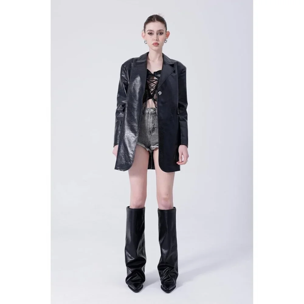 Women Black Wide Calf Slouchy Shark Pointed Toe  Fold Over Knee High Tall Boots